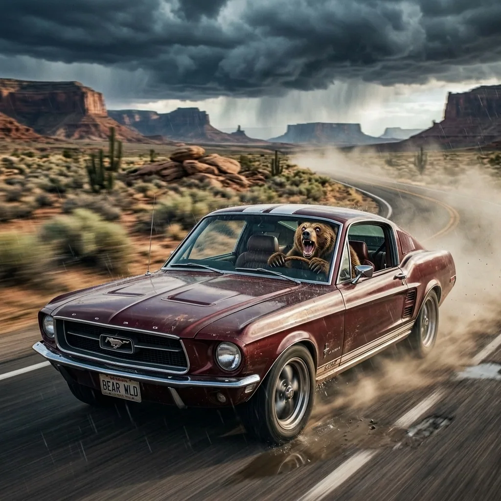 A grizzly bear behind the wheel of a vintage Mustang, speeding through a desert highway as a visual metaphor for the ADHD nervous system running at full throttle