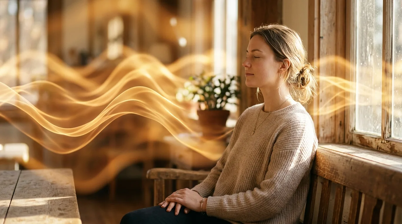 Person sitting in quiet morning light with soft golden-amber neural wave patterns