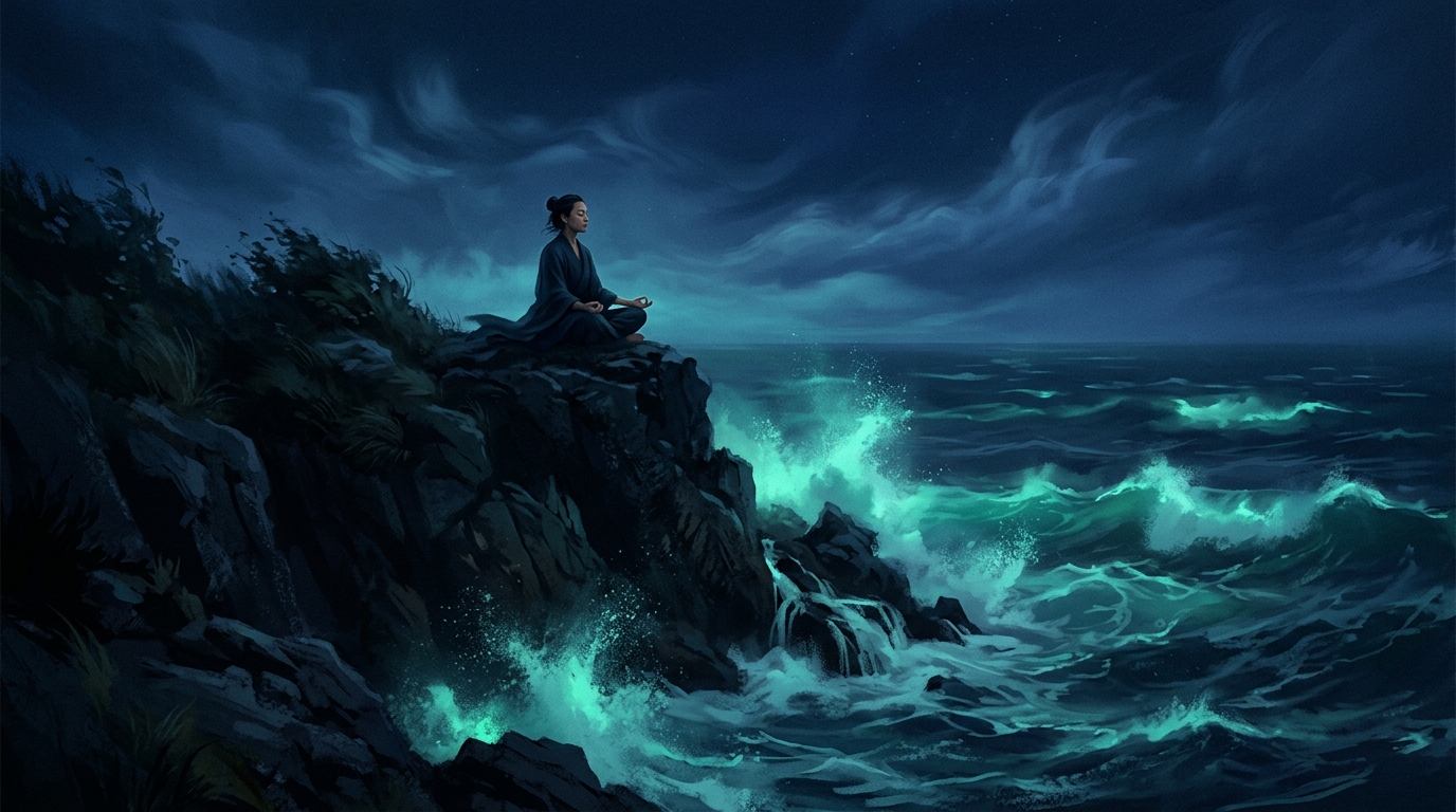 A figure sitting calm and still on a dark coastal cliff surrounded by turbulent ocean waves, representing stillness amid anxiety