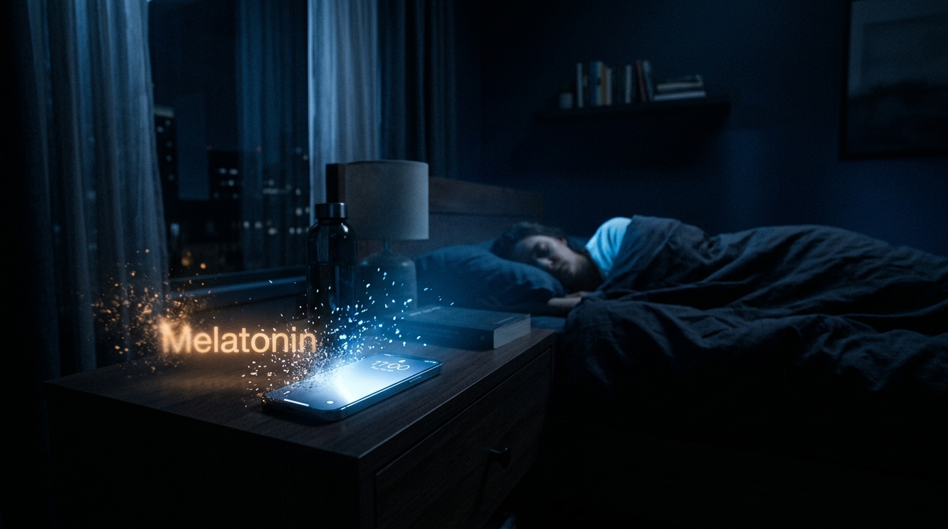 A phone screen on a bedside table at night, casting blue light and disrupting melatonin production