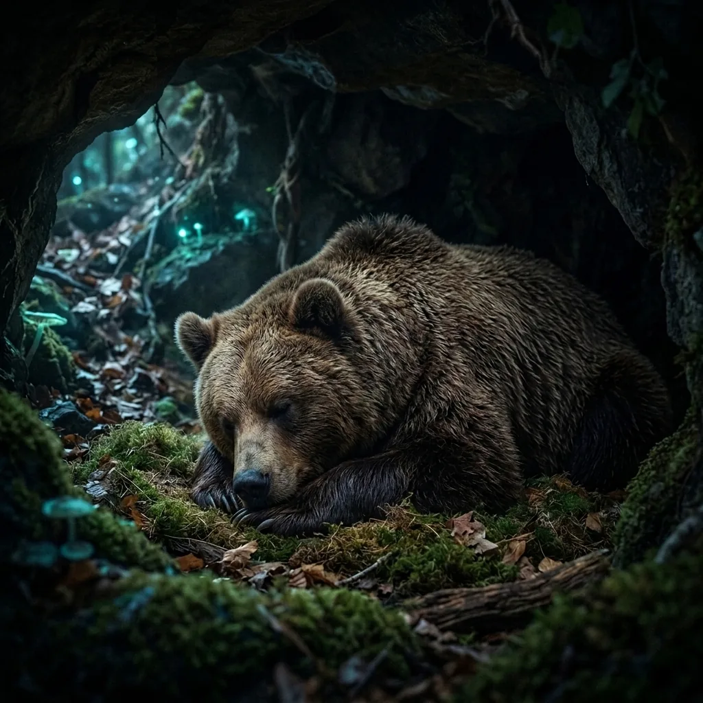 A brown bear sleeping peacefully in his den, illustrating the concept of brown noise and sleep