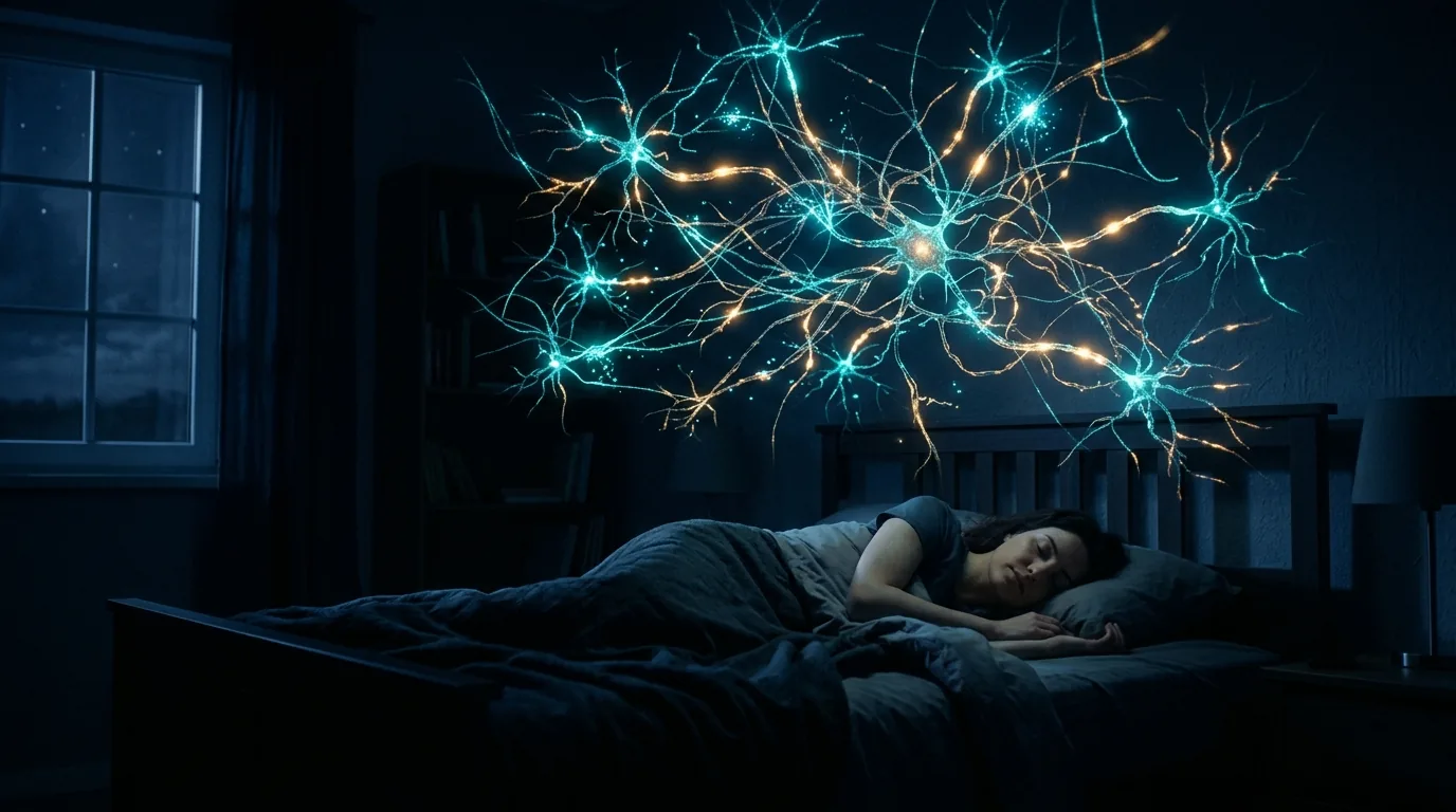 A nervous system still glowing and active above a figure attempting to rest in a darkened room