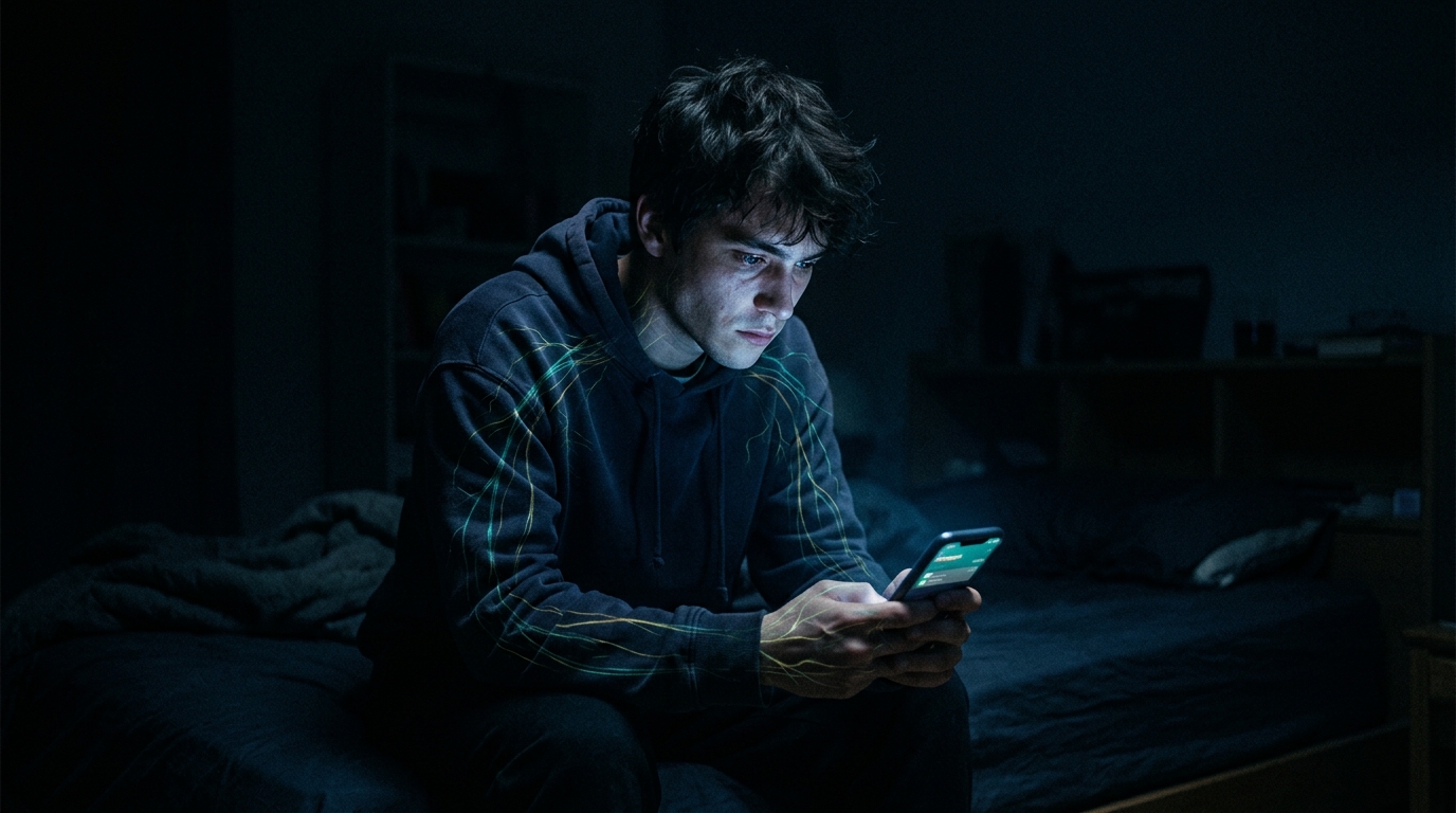 A figure illuminated by a phone screen in a dark room with teal nervous system pathways traced across their body