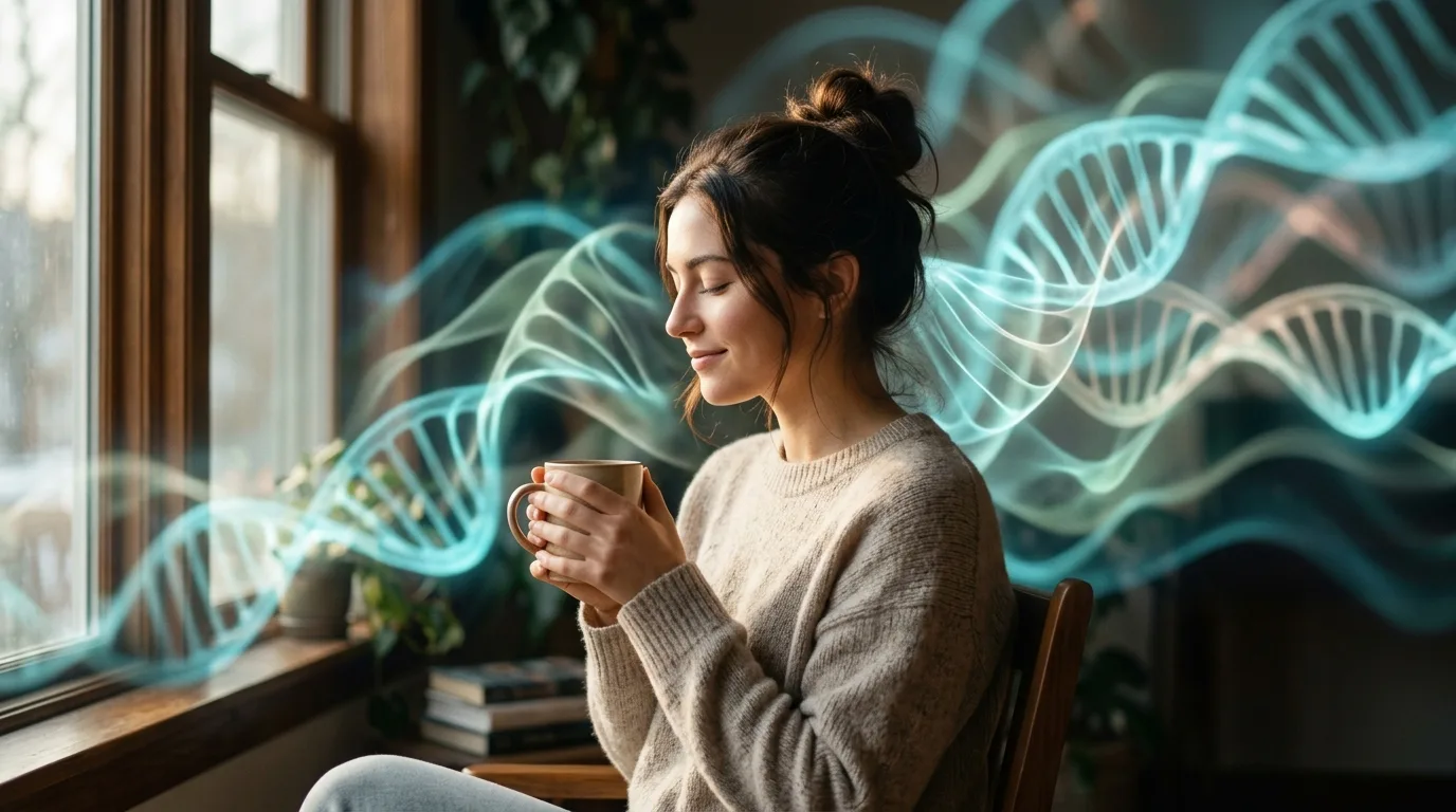 Abstract visualization of biological cellular harmony, DNA wave dynamics, and peaceful light