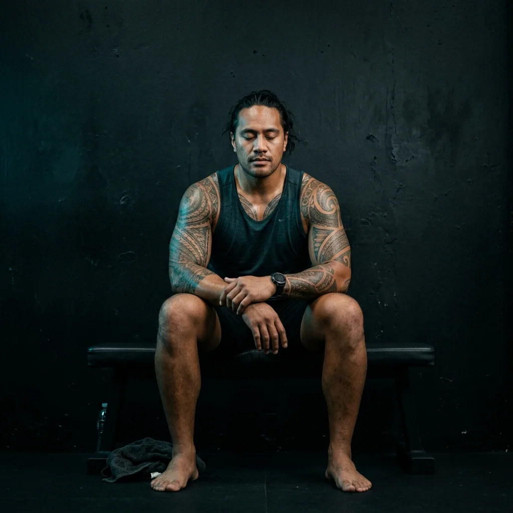 An athlete sitting peacefully at dawn taking calm, focused morning recovery breaths