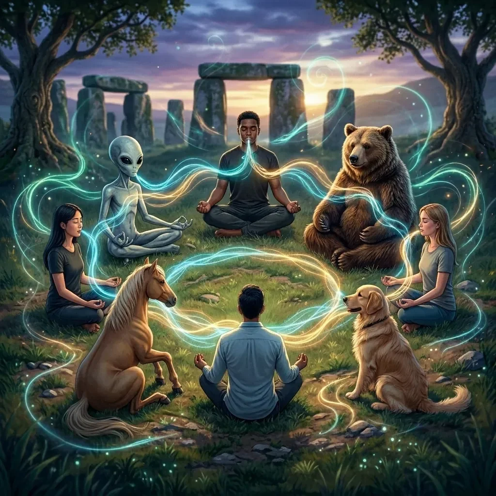 A circle of diverse beings meditating together with luminous breath resonance trails in front of ancient stone monoliths at dawn