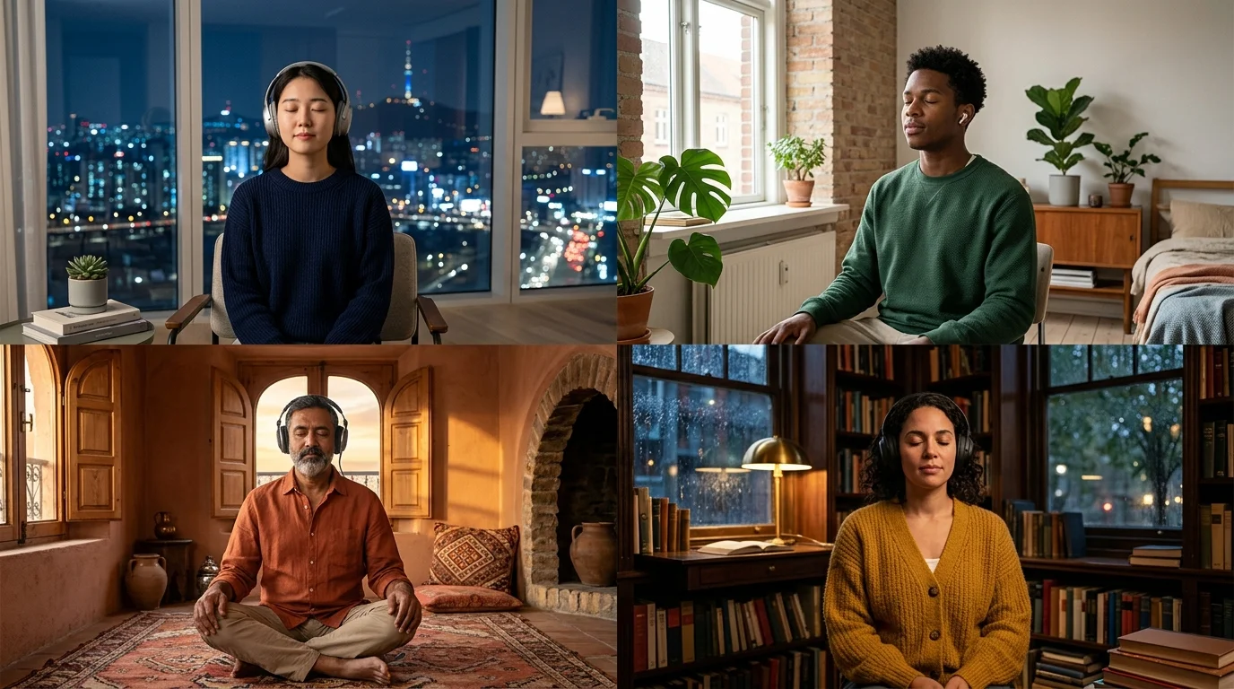 Four diverse people in different home environments around the world wearing headphones and practicing synchronized coherence breathing together
