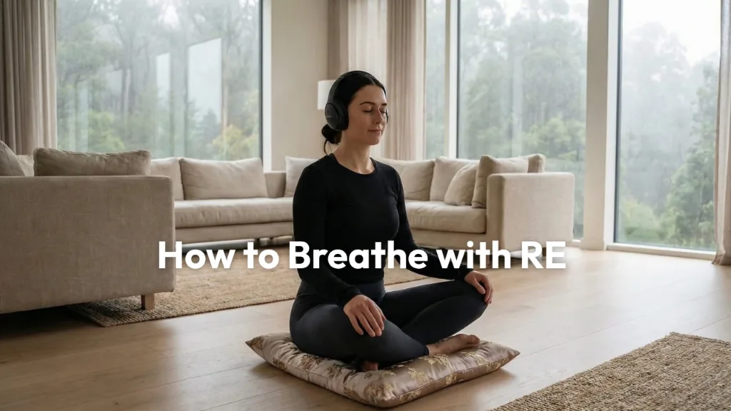 Woman relaxing in an armchair with headphones, holding a phone showing the RE breathing app interface