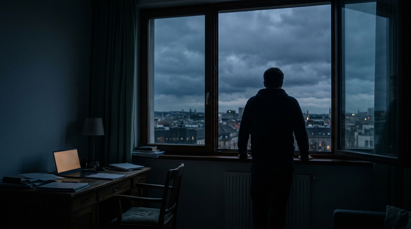 A person at a window at dusk, a laptop glowing on a desk beside them — representing the quiet weight of chronic low-grade stress