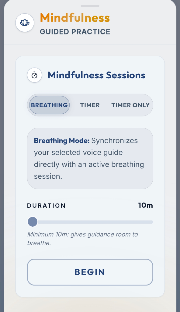 RE App Mindfulness Sessions modes interface