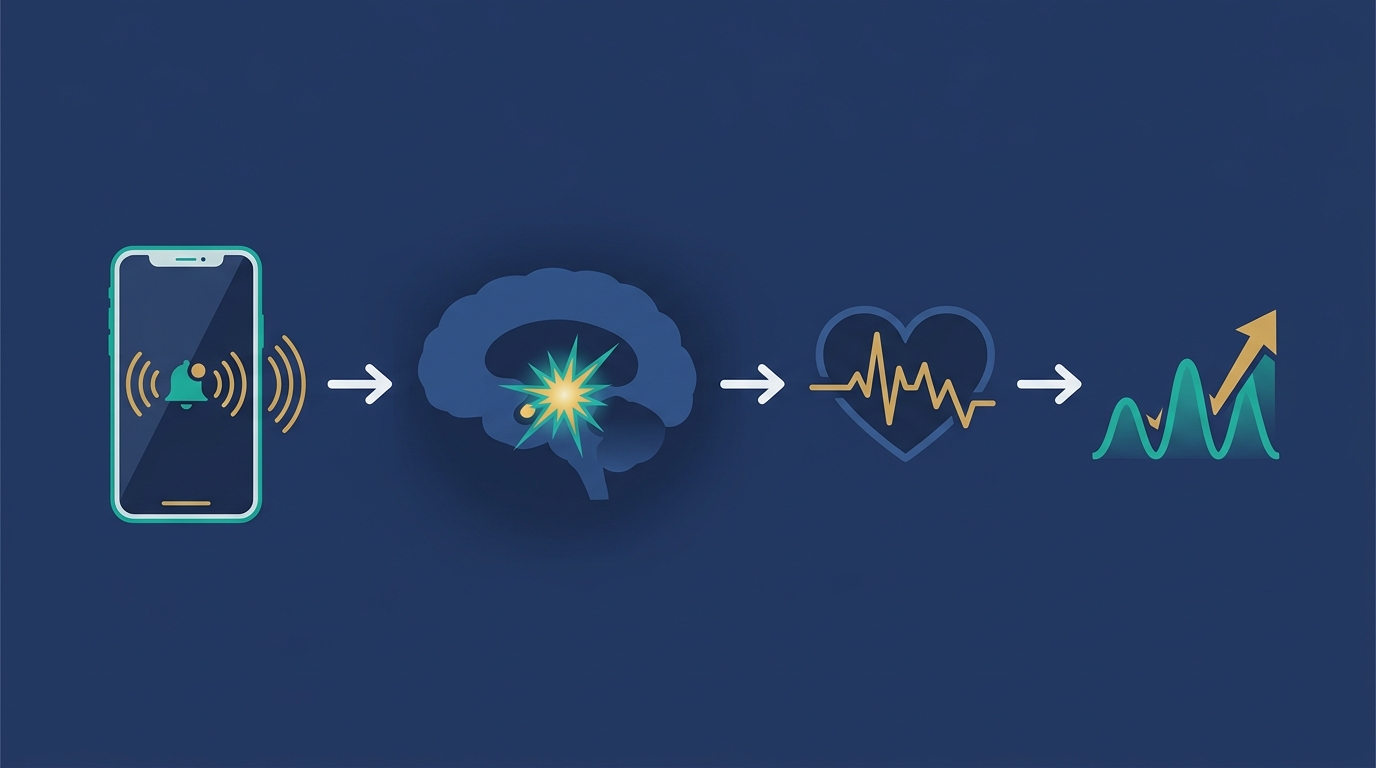 Diagram showing the notification loop: phone ping, amygdala activation, HRV drop, cortisol spike
