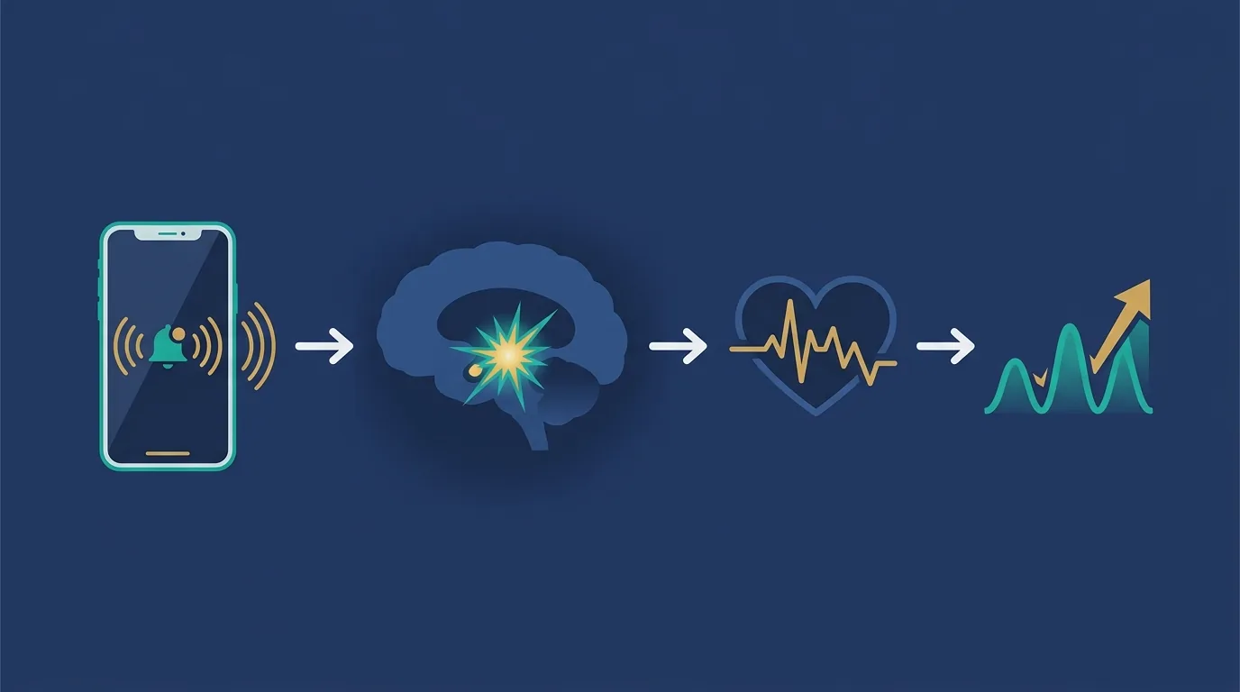 Diagram showing the notification loop: phone ping, amygdala activation, HRV drop, cortisol spike