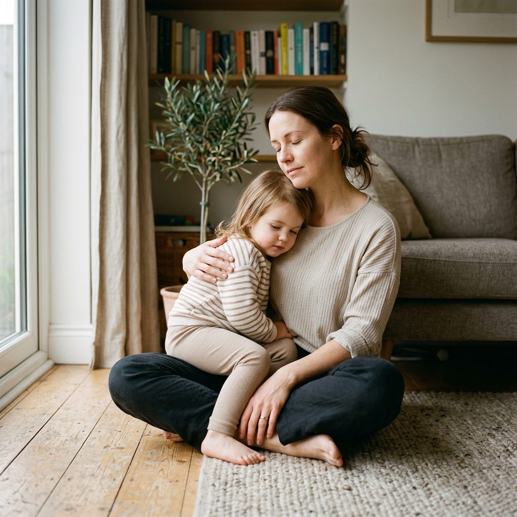 A parent seated calmly on the floor, one hand on a child's back, in a quiet moment of natural light and presence