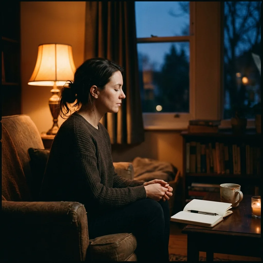 A person sitting in quiet stillness at dusk, notebook open beside them, in the moment before practice begins