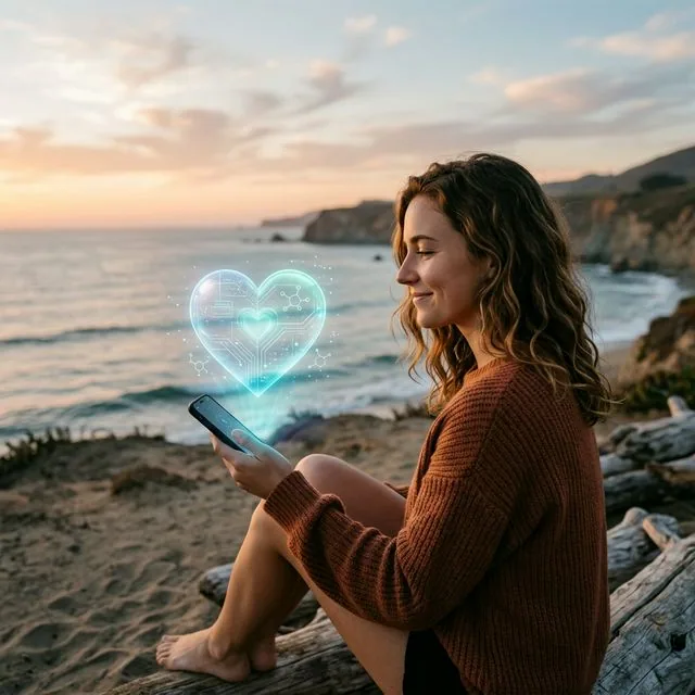 A person looking calmly at a glowing, transparent heart icon floating above a phone