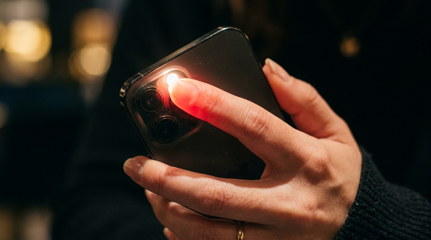 Demonstration of proper smartphone camera PPG fingertip placement and light touch calibration