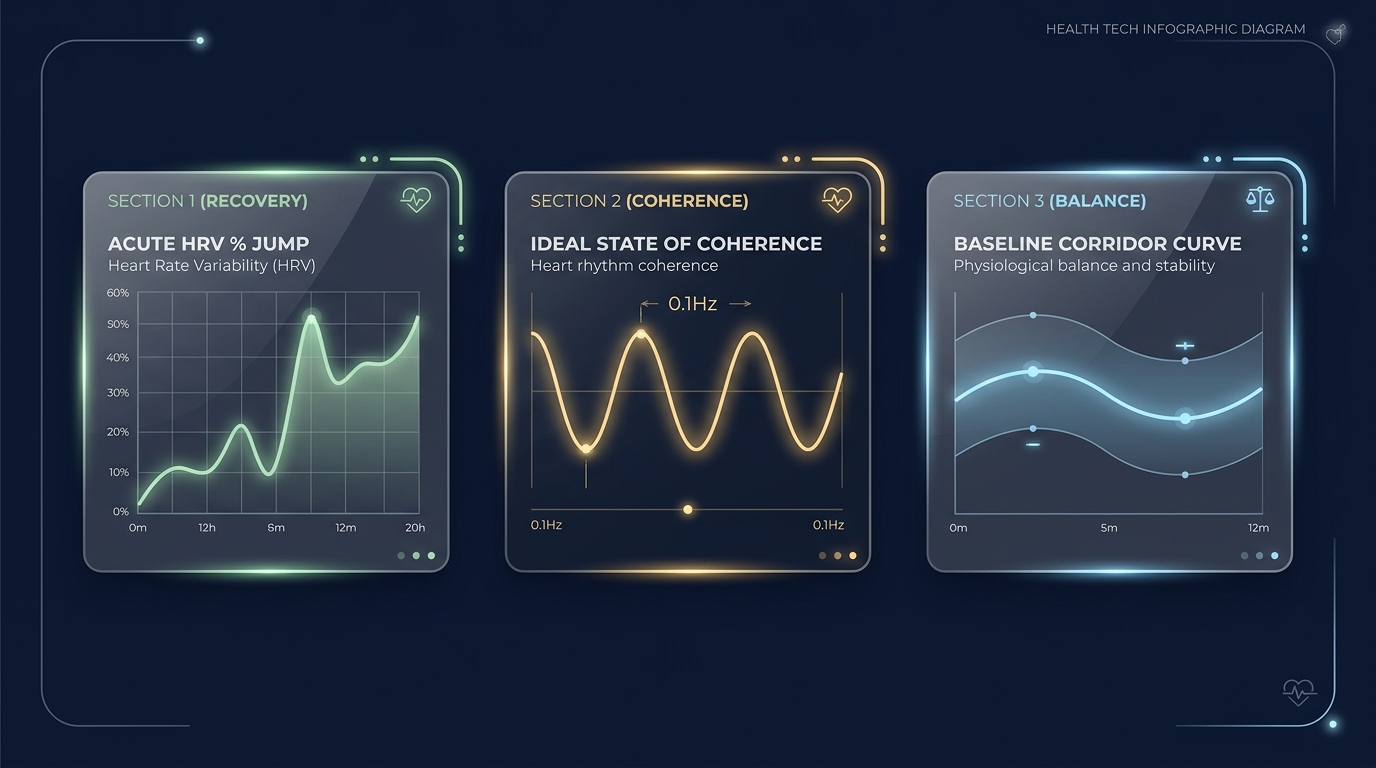 Explainer diagram of RE biometrics: Recovery (Sage Green), Coherence (Warm Gold), and Balance (Light Blue)