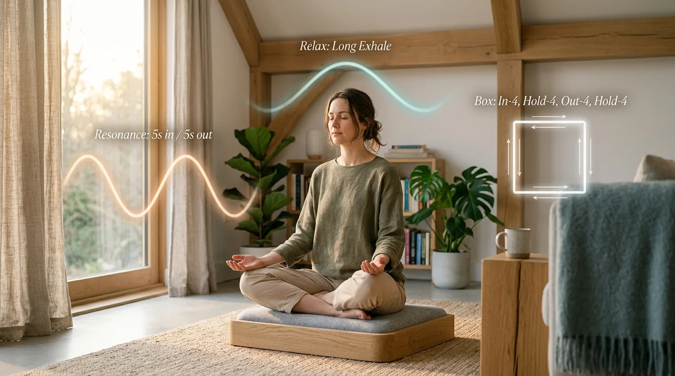 Three breathing methods: Resonance sinusoidal wave, Relax long exhale curve, and Reenergizing square box breathing