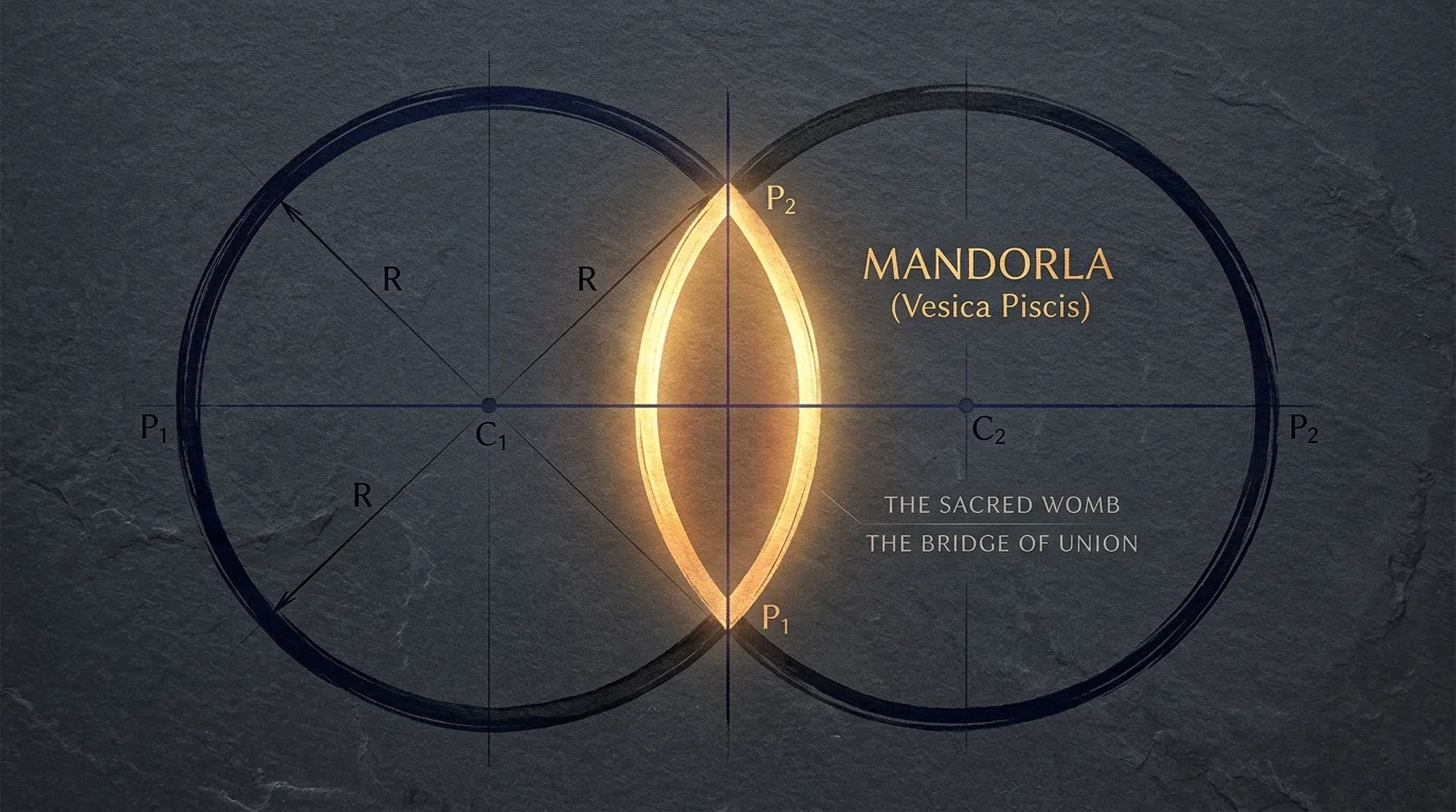 Sacred geometry diagram illustrating the Mandorla almond lens created by the intersection of two circles in the Vesica Piscis